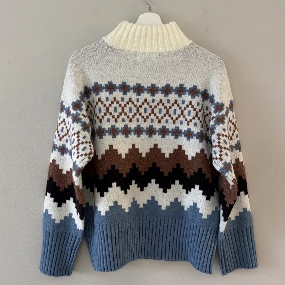Joseph A Men Medium Fair Isle Mock Neck‎ Geometric Sweater Blue Brown White